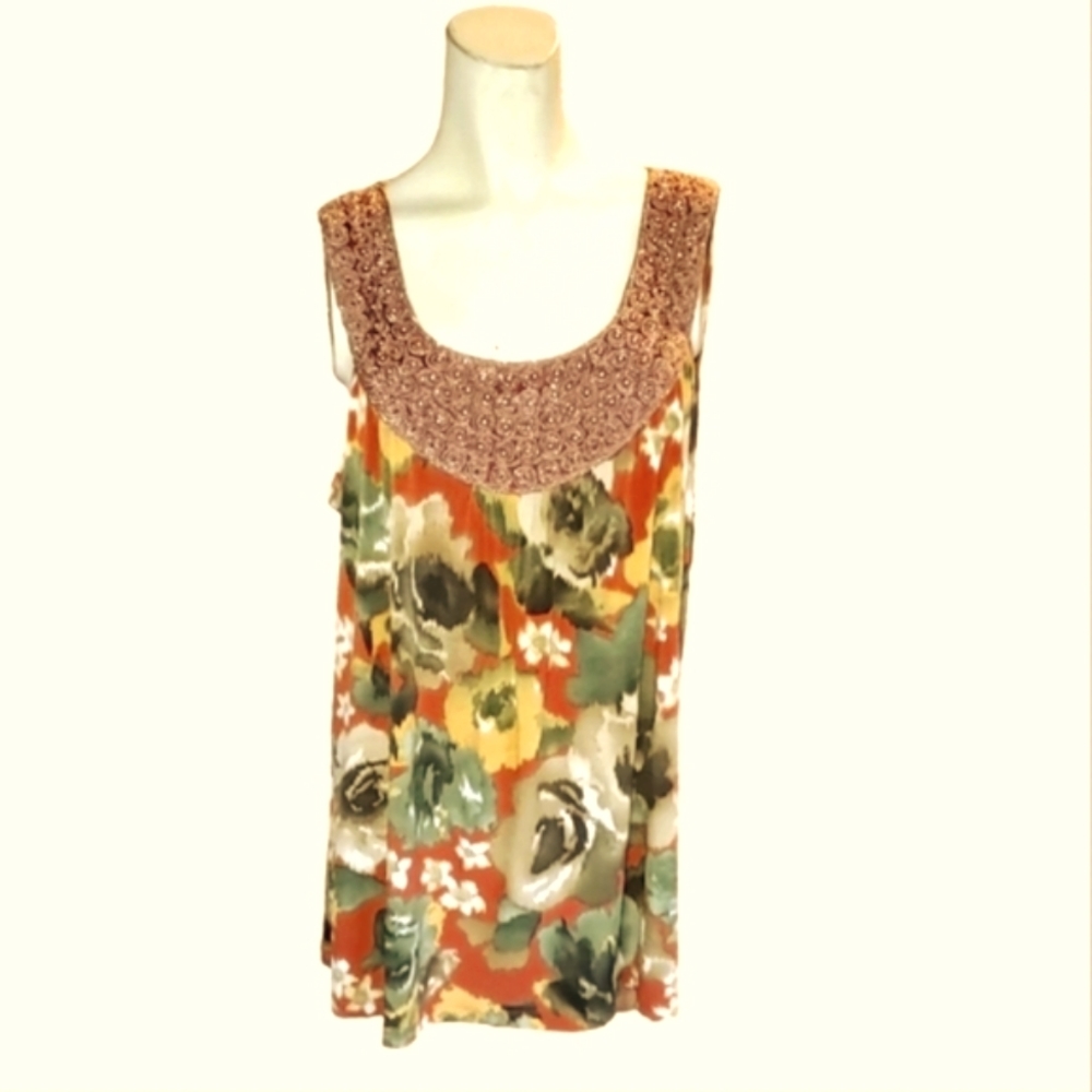 Deluxe L.A. Blues Floral Beaded Macramé Embellished Top Green, Orange Sleeveless